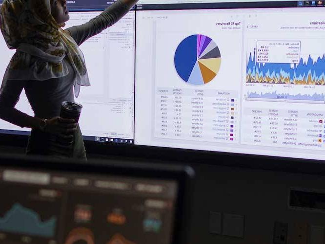 Woman standing infront of projectors pointing at graphs on screen